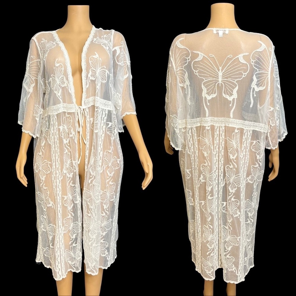White Sheer Babydoll Lace Kimono Duster Cover Up Ethereal Fairycore Boho 1X